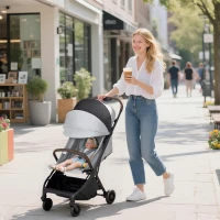 AIYAPLAY Foldable Baby Stroller with Adjustable Seat, 5-Point Harness, Canopy, Basket, 6.3kg Lightweight & Compact, Light Grey(m-2)