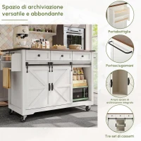 Isola da cucina con piano ribaltabile, carrello portavivande su ruote con 2 ante scorrevoli e 3 cassetti, 140x45/73x94 cm, Beige(m-6)