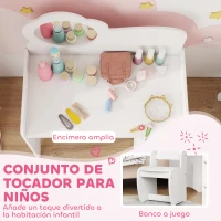 AIYAPLAY Tocador de Maquillaje Niña 2 en 1 Escritorio con Taburete Espejo Estantes Abiertos para Niños +3 Años Blanco(m-4)