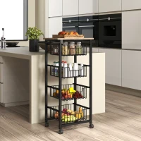 HOMCOM Chariot de rangement à 5 niveaux, desserte à roulettes, 4 paniers coulissants et plateau, 49,5x31x91cm, chêne et noir(m-10)