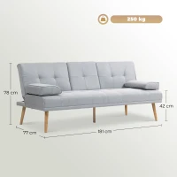 HOMCOM Sofá Cama 3 Plazas con Respaldo Ajustable de 3 Niveles Reposabrazos Desmontable 181x77x78 cm Gris Claro(m-3)