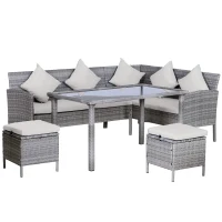 Outsunny 6-Seater Rattan Dining Set Sofa Table Footstool Outdoor w/ Cushion Garden Furniture(m-11)