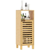 HOMCOM Mueble Auxiliar de Baño Estrecho con Puerta de Lamas Balda Abierto Estante Ajustable 30x30x80 cm Natural(m-10)