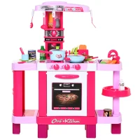 HOMCOM Cocina de Juguete para Niños Mayores de 3 Años con 38 Accesorios Luz Sonido Juegos de Rol Temprano Educativo 78x29x87 cm Rosa(m-11)