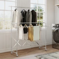 HOMCOM Estendal Vertical Dobrável de 3 Níveis Estendal de Aço Inoxidável com 3 Barras Ajustáveis e Extensíveis 4 Rodas 104-150x103x145-197 cm Prateado(m-8)