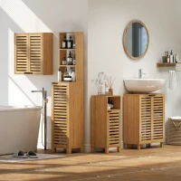 HOMCOM Mueble Auxiliar de Baño Estrecho con Puerta de Lamas Balda Abierto Estante Ajustable 30x30x80 cm Natural(m-8)
