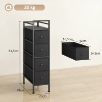 HOMCOM Cómoda armario con 4 cajones de tela no tejida, mueble de almacenamiento con marco de acero, 20cm x 43cm x 81,5cm, Negro(m-3)