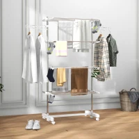 HOMCOM Four-Shelf Collapsing Clothes Horse, With Side Arms and Wheels - White(m-2)