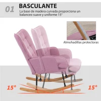 HOMCOM Silla Mecedora con Reposapiés con Cojín Acolchado Reposabrazos Respaldo Alto Patas de Madera Carga 130 kg Rosa(m-4)