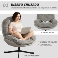 HOMCOM Butaca de Salón Giratoria Moderna Tapizada en Chenilla y Cuero PU con Asiento Ancho Base de Cruz Sillón Relax Gris(m-4)