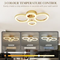 HOMCOM LED Ceiling Light, Modern 4 Rings Ceiling Lamp with Wall Switch Control, 40W 4350lm Flush Mount Ceiling Light with 3500K/4500K/6000K Colour Temperatures for Living Room, Bedroom, Gold Tone(m-4)
