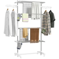 HOMCOM Four-Shelf Collapsing Clothes Horse, With Side Arms and Wheels - White(m-10)