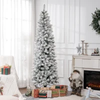 HOMCOM Sztuczna Choinka, niepalna, ze sztucznym śniegiem, szczupła, na metalowej podstawie, 75 x 210 cm, Zielona(m-9)