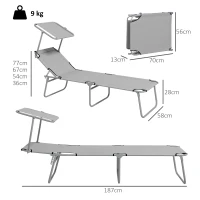 Outsunny Set 2 Klappbare Gartenliegen mit verstellbarem Sonnendach, aus Oxford-Gewebe und Metall, 187x58x36 cm, Hellgrau(m-3)