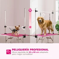 PawHut Mesa de Peluquería Canina Plegable con Cesta Metálica Barra de Acero Inoxidable Ajustable 107x60x164 cm Rosa(m-4)