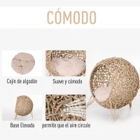 PawHut Cama Cueva de Ratán para Gatos o Mascotas Pequeña con Base Trípode Cojín de Felpa y Algodón Suave Diseño Elevado Estable Φ52x58 cm Madera Natural(m-6)