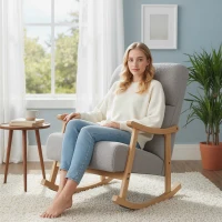 HOMCOM Silla Mecedora de Borreguito con Patas y Reposabrazos de Madera de Caucho Mecedora Carga 120 kg Gris Claro(m-7)