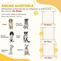 PawHut Barrera de Seguridad de Perros Extensible para Escaleras y Puertas 76-97 cm con 2 Extensiones de 7 cm Cierre Automático y Marco Metálico Altura 76 cm Blanco(m-4)