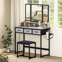 HOMCOM Tocador de Maquillaje con Espejo Tríptico Desmontable Taburete 3 Cajones de Tela Soporte para Secador de Pelo Gris(m-2)