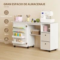 HOMCOM Mesa de Costura Plegable con 6 Ruedas 18 Clavijas 2 Cajones y 3 Compartimentos Blanco(m-4)