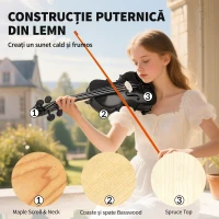 HOMCOM Vioara 4/4 din Lemn de Molid și Artar cu Husă, Arc, Sprijin pentru Umăr și Colofoniu, Negru(m-5)