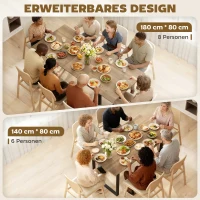HOMCOM Uitschuifbare eettafel voor 6-8 personen, 140-180 cm, rechthoekige keukentafel met stalen onderstel, naturel hout+zwart(m-4)