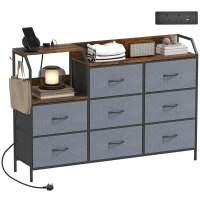 HOMCOM Chest of Eight Drawers, with Charging Station - Brown/Black(m-10)