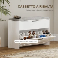 HOMCOM Panca Scarpiera con Cassetto Ribaltabile e Contenitore, Capacità 8 Paia di Scarpe, 80x30x55 cm, Bianco(m-4)