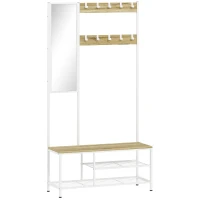 HOMCOM Perchero Zapatero con Espejo 3 Estantes Banco 10 Ganchos Ajustables Estilo Moderno para Pasillo 98x34x186 cm Natural(m-1)