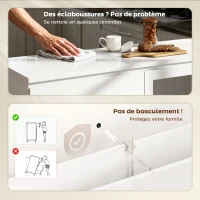 HOMCOM Buffet salon, meuble de rangement avec 4 tiroirs et 2 portes en verre trempé, étagère réglable, 120 x 40 x 91 cm, blanc(m-8)