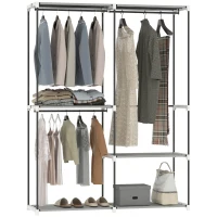 HOMCOM Armario de Ropa Armario Abierto con 4 Estantes de Tela 3 Barras para Colgar Marco de Metal 142x43x185 cm Gris Claro(m-10)