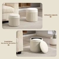 HOMCOM Lot de 2 poufs de rangement en velours, repose-pieds ronds gigognes avec couvercle amovible, Ø 36 et Ø 32 cm, crème(m-5)