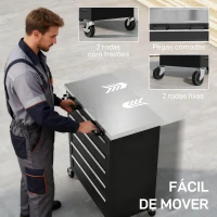 HOMCOM Carrinho de Ferramentas com 5 Gavetas Fecho Rodas com Travão e Bancada em Aço Inoxidável 65,5x34,5x76 cm Preto e Prateado(m-7)