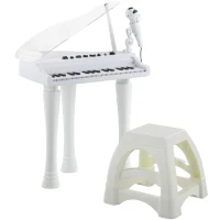 AIYAPLAY Juego de Piano Infantil de 32 Teclas con Micrófono Taburete Luces 22 Canciones y 4 Sonidos 37x30,5x60,4 cm Blanco(m-1)
