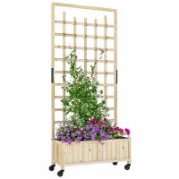 Outsunny Pflanzkübel mit Rankgitter, Blumenkasten auf Rollen, für Kletterpflanzen, Massivholz, 82,5x35x186cm, Naturholz(m-8)