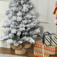 HOMCOM Choinka 90 cm, ze światełkami LED, gałęzie w śniegu, szyszki, ognioodporna, podstawa z betonu(m-9)