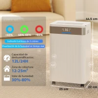 HOMCOM Deshumidificador 12L/día Silencioso con 3 Modos Pantalla LED Temporizado 24H Bloqueo Infantil y Drenaje Continuo Blanco(m-3)
