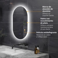 kleankin Espejo de Baño con Luces LED 81x51 cm Espejo de Pared con 3 Colores Interruptor Táctil Función de Desempañado Plata(m-6)