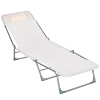 Outsunny Sun Lounge Foldable Reclining Chair with Pillow 5-Level Adjustable Garden Beach Outdoor Texteline Cream White(m-7)