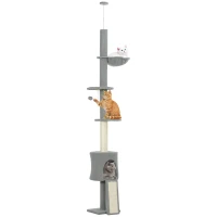 PawHut Árbol para Gatos de Piso a Techo Altura Ajustable 220-240cm con Hamaca Plataformas en Flor Cuevas Rampa Bola Gris Claro(m-10)
