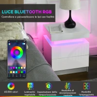 HOMCOM Comodino LED RGB con 2 cassetti, 4 Modalità di luce e 16 colori, in Legno, 45x35x52 cm, Bianco(m-4)