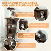 PawHut Árbol Rascador para Gatos 180 cm con Plataformas Cama 2 Cuevas Hamaca Escalera Postes de Sisal Marrón(m-4)