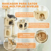 PawHut Árbol Rascador para Gatos 180 cm con Plataformas Cama 2 Cuevas Hamaca Escalera Postes de Sisal Beige(m-4)
