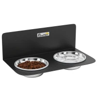 PawHut Comedouro de Parede Ajustável com 2 x 800ml Tigelas de Aço Inoxidável 42 x 23,5 x 14 cm Preto(m-6)