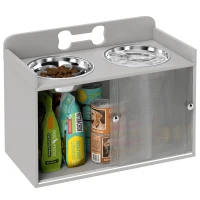 PawHut Erhöhte Futterstation mit 2 Näpfen und Schrank, MDF, Edelstahl, Knochenmuster, Grau(m-11)