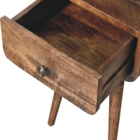 Solid Mango Wood Mini Curved Bedside Table with Drawer and Open Shelf, Desk with Aged Weathered Finish, 30L x 30W x 55H cm, Brown(m-4)