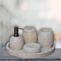 5-Piece Marble Bathroom Accessories Set with Sustainable Durable Design, Hand-Finished Set with Solid Mango Wood, 10L x 10W x 14H cm, White(m-1)