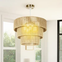 HOMCOM Hemp Rope Ceiling Light, 3-Layer Boho Pendant Light, 4 x E14 Vintage Ceiling Lamp Fixtures for Living Room, Bedroom, Kitchen, Hallway, Light Brown(m-9)