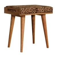 Solid Wood Footstool with Comfort-Filled and Hand-Finished, Upholstered Footstool with Leopard Velvet Tray-Style Top, 35L x 50W x 52H cm, Brown(m-9)