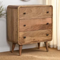 Solid Mango Wood Mini Curved Chest with 3 Drawers, Clear Natural Finish, Handcrafted Design with Secure Packaging, 30L x 55W x 65H cm, Brown(m-1)